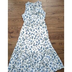 J.Crew Flora Tiered Ruffle Midi White Blue Floral Sleeveless Dress Sz 4 Feminine